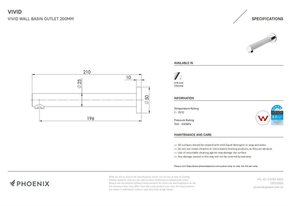 PHOENIX VIVID WALL BASIN OUTLET 200MM CHROME