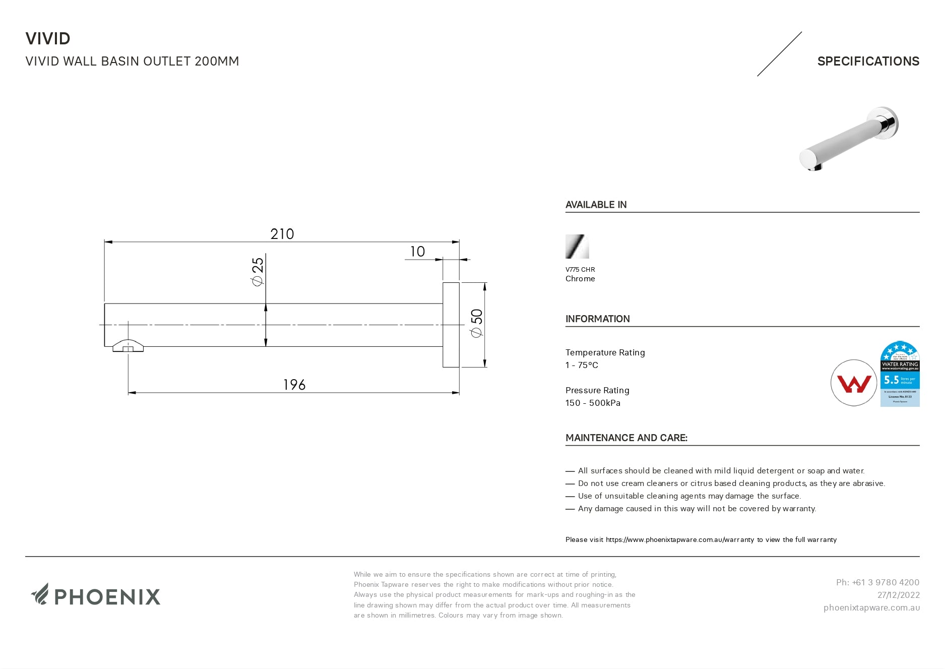 PHOENIX VIVID WALL BASIN OUTLET 200MM CHROME