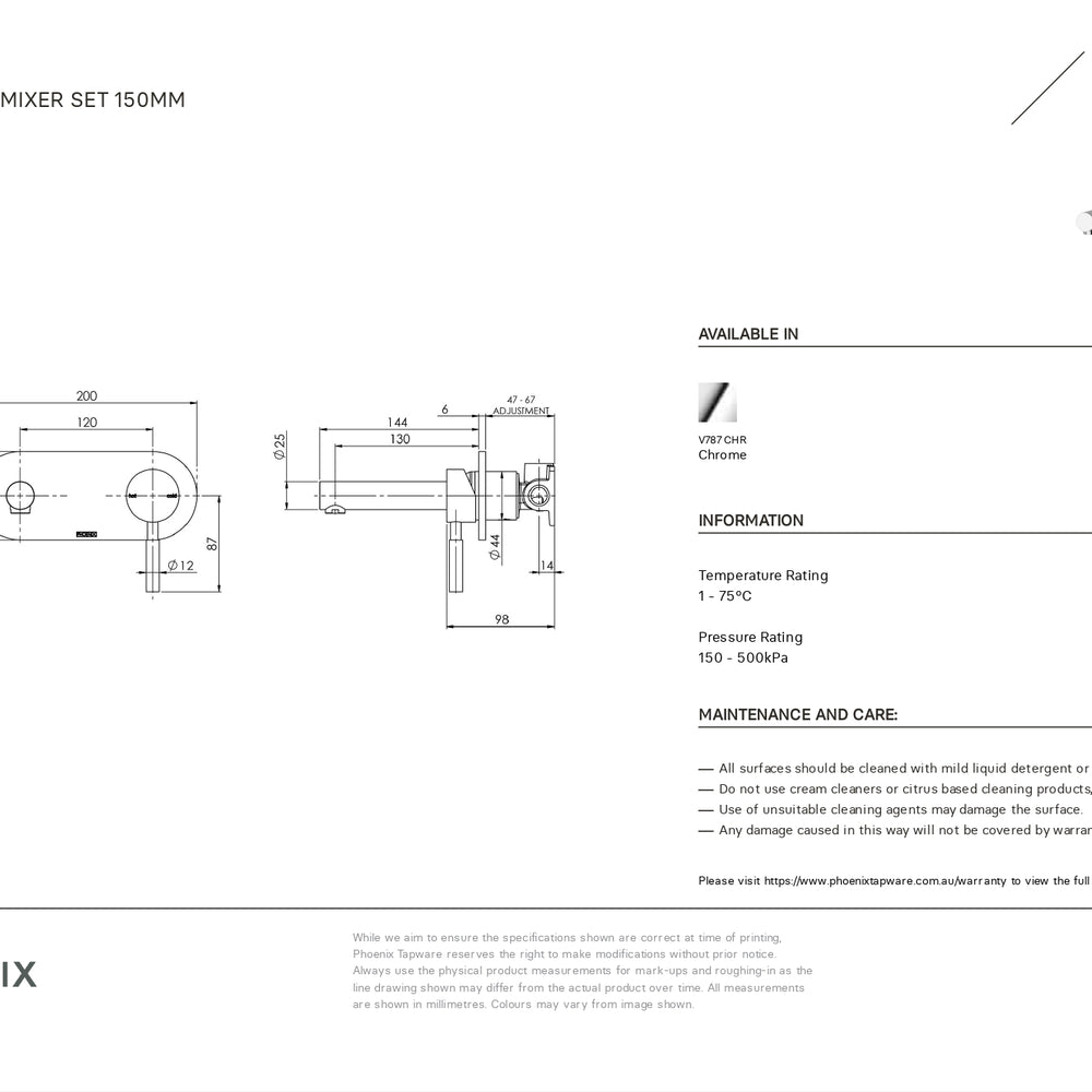 PHOENIX VIVID WALL BATH MIXER SET 150MM CHROME