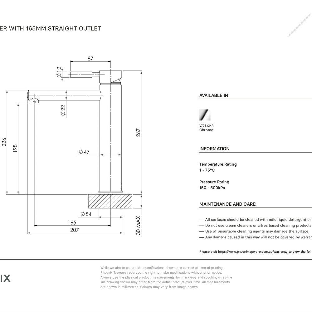 PHOENIX VIVID VESSEL MIXER WITH STRAIGHT OUTLET 267MM CHROME