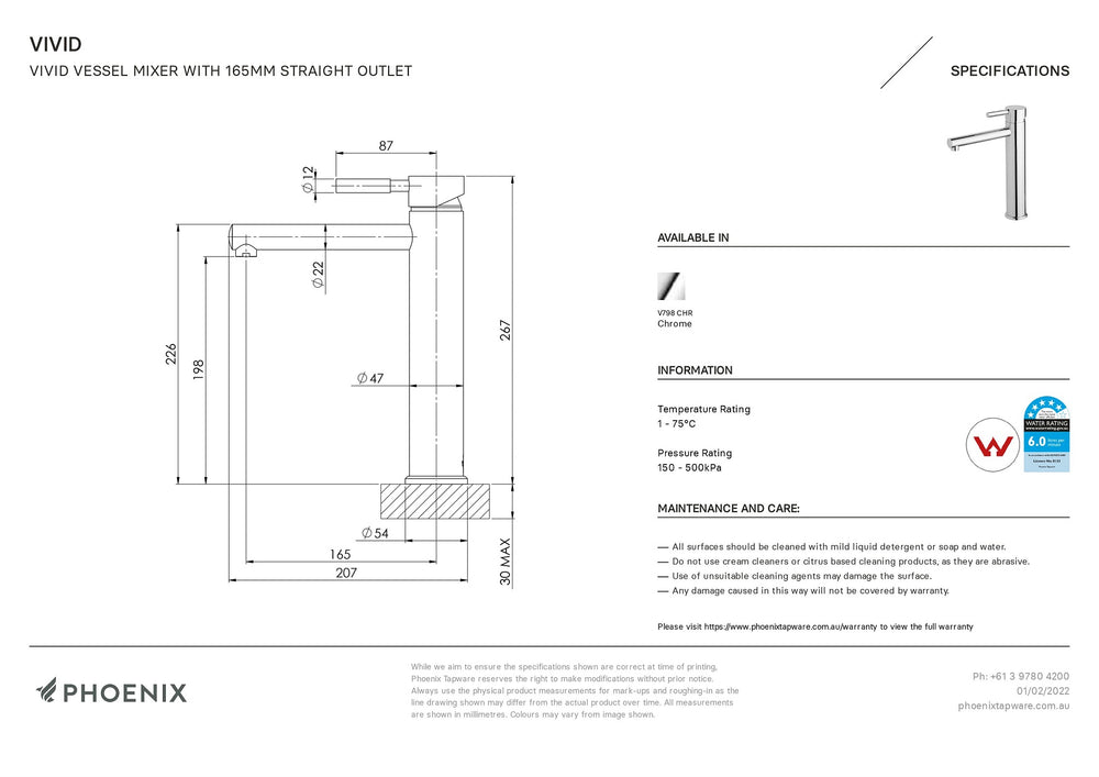 PHOENIX VIVID VESSEL MIXER WITH STRAIGHT OUTLET 267MM CHROME