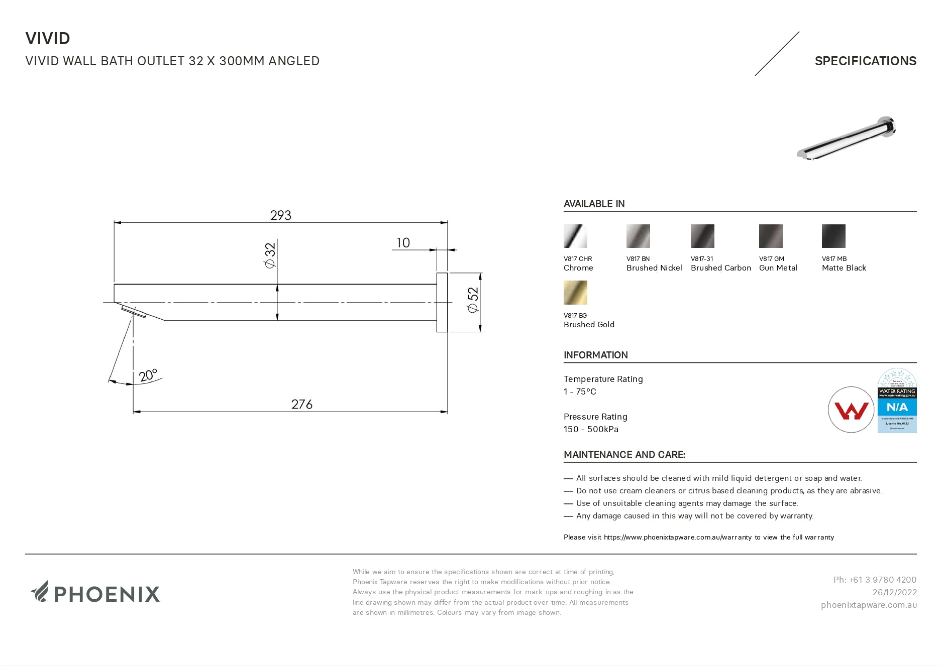 PHOENIX VIVID WALL BATH OUTLET ANGLED 32MM X 300MM BRUSHED GOLD