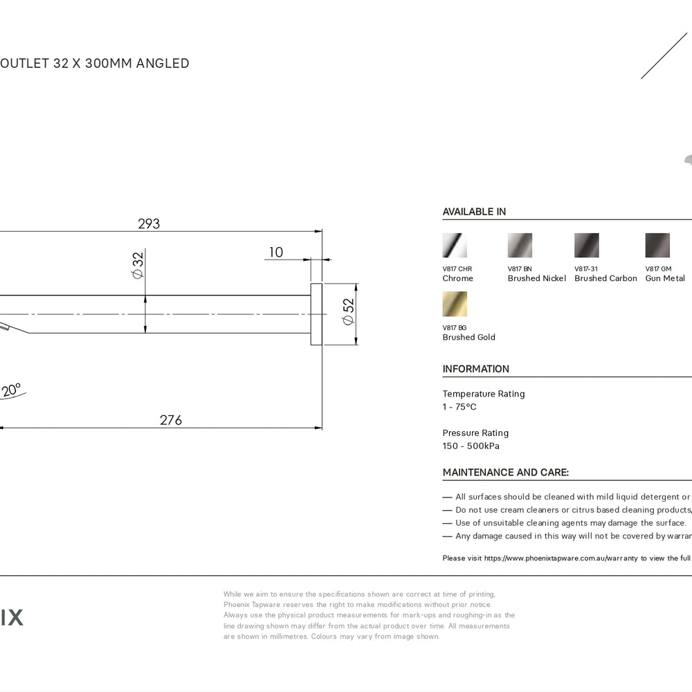 PHOENIX VIVID WALL BATH OUTLET ANGLED 32MM X 300MM BRUSHED NICKEL