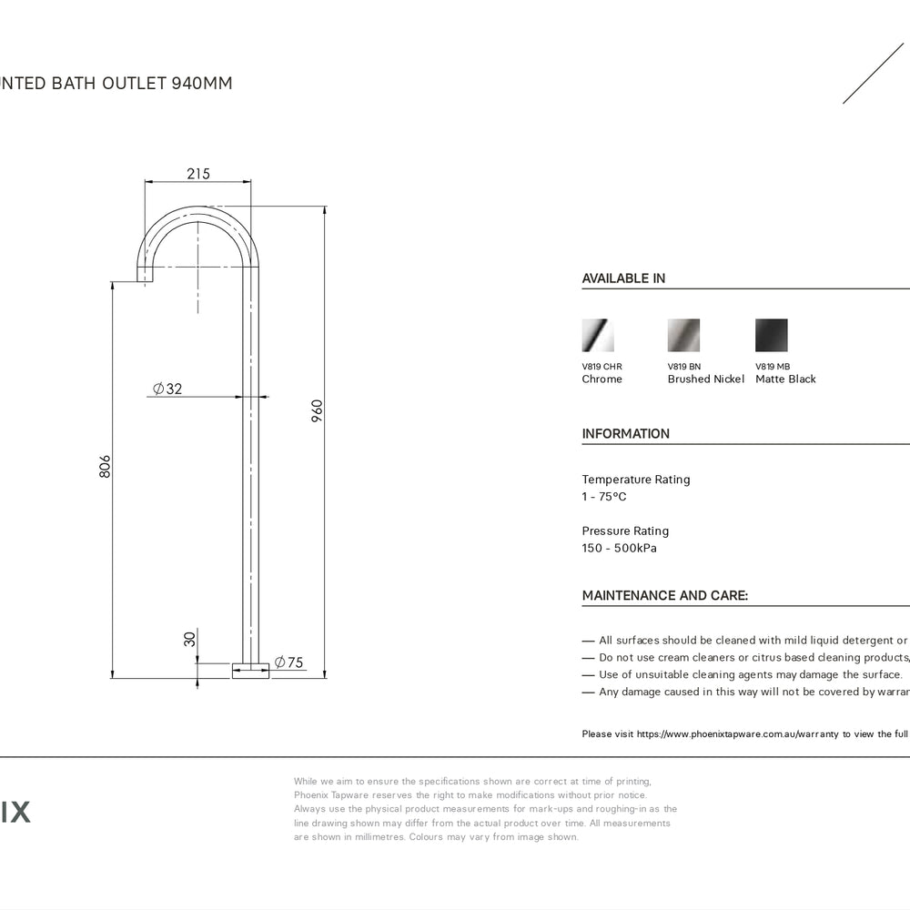 PHOENIX VIVID FLOOR MOUNTED BATH OUTLET 940MM BRUSHED NICKEL