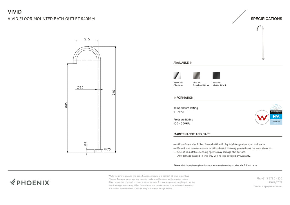 PHOENIX VIVID FLOOR MOUNTED BATH OUTLET 940MM BRUSHED NICKEL