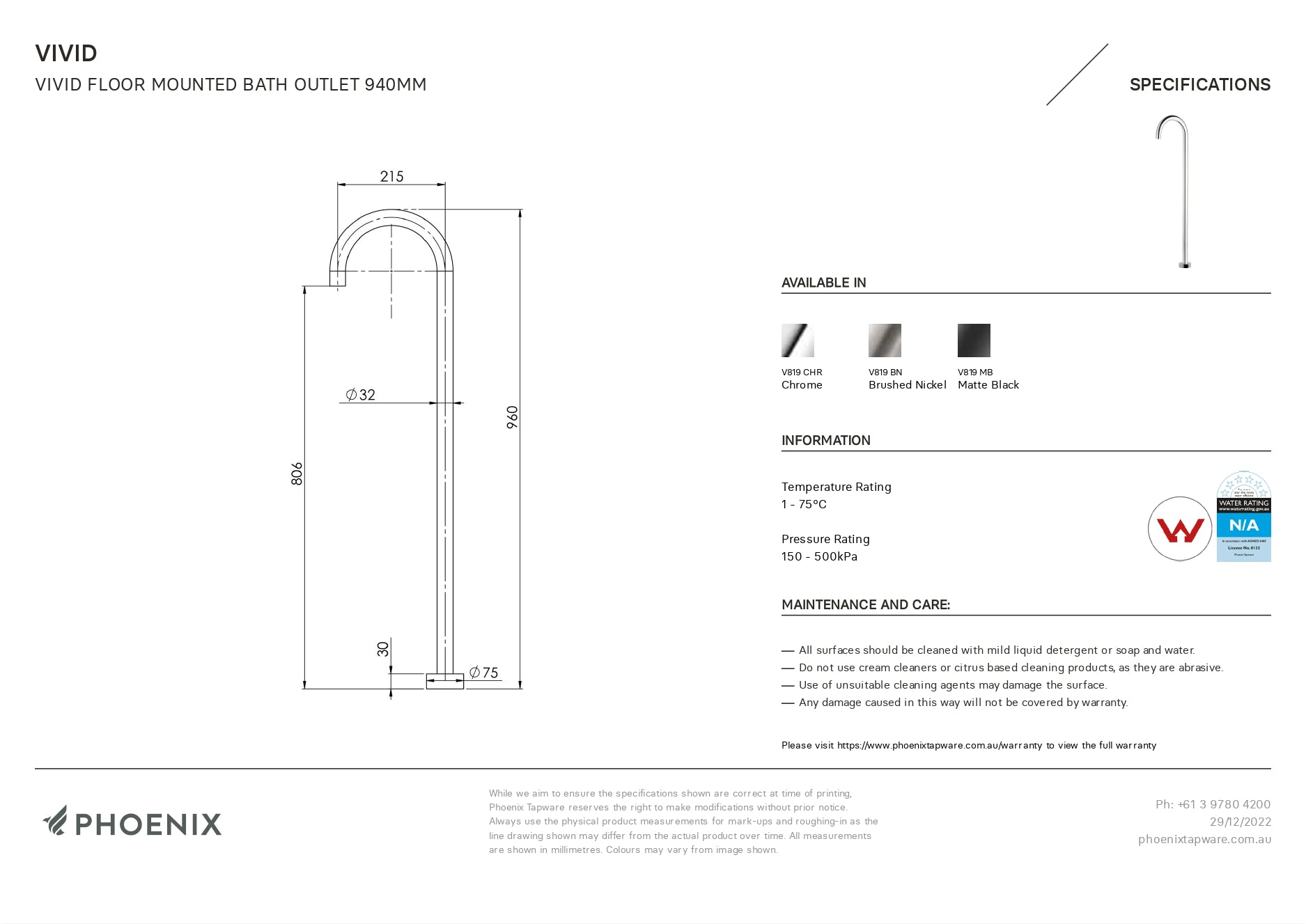 PHOENIX VIVID FLOOR MOUNTED BATH OUTLET 960MM MATTE BLACK