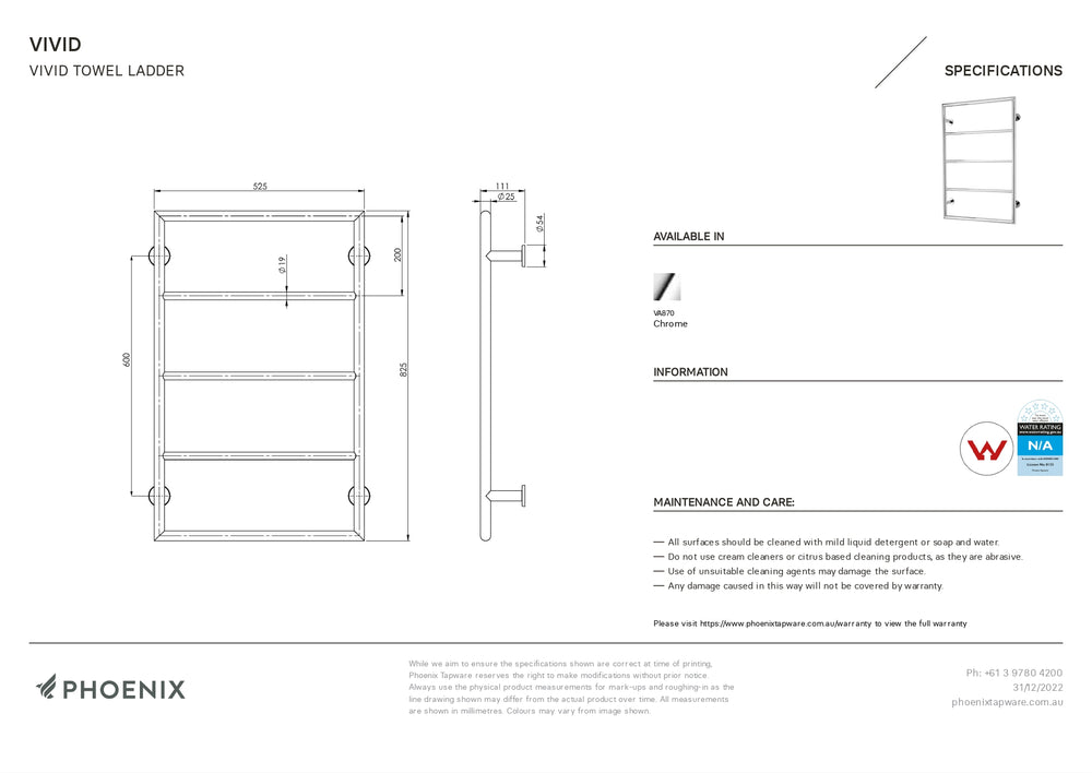 PHOENIX VIVID NON-HEATED TOWEL LADDER CHROME 525MM X 600MM