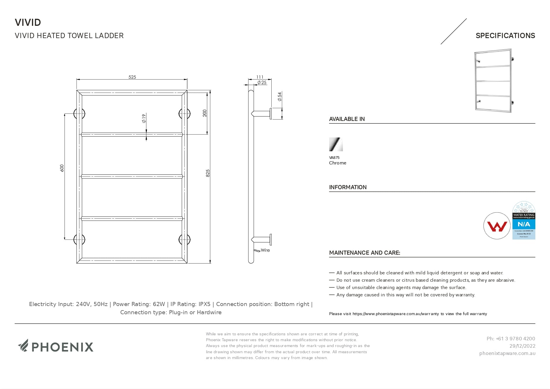 PHOENIX VIVID 5-BARS HEATED TOWEL LADDER CHROME 525MM