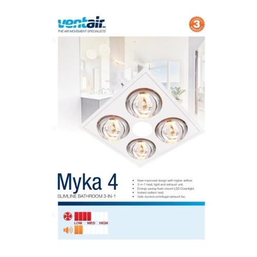 VENTAIR MYKA 4 SLIMLINE 3 IN1 WITH 4 HEAT LAMPS, LED DOWNLIGHT AND SIDE DUCTED EXHAUST WHITE