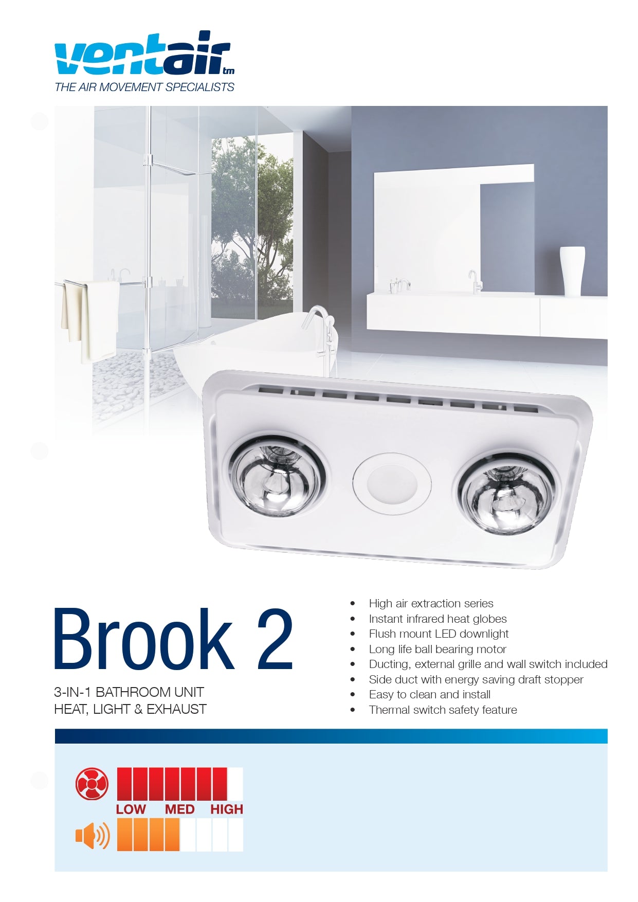 VENTAIR BROOK 2 HIGH EXTRACTION SERIES, 3IN1 BATHROOM UNIT WITH 2 HEAT GLOBES, LED CENTRE DOWNLIGHT AND EXHAUST FAN WHITE