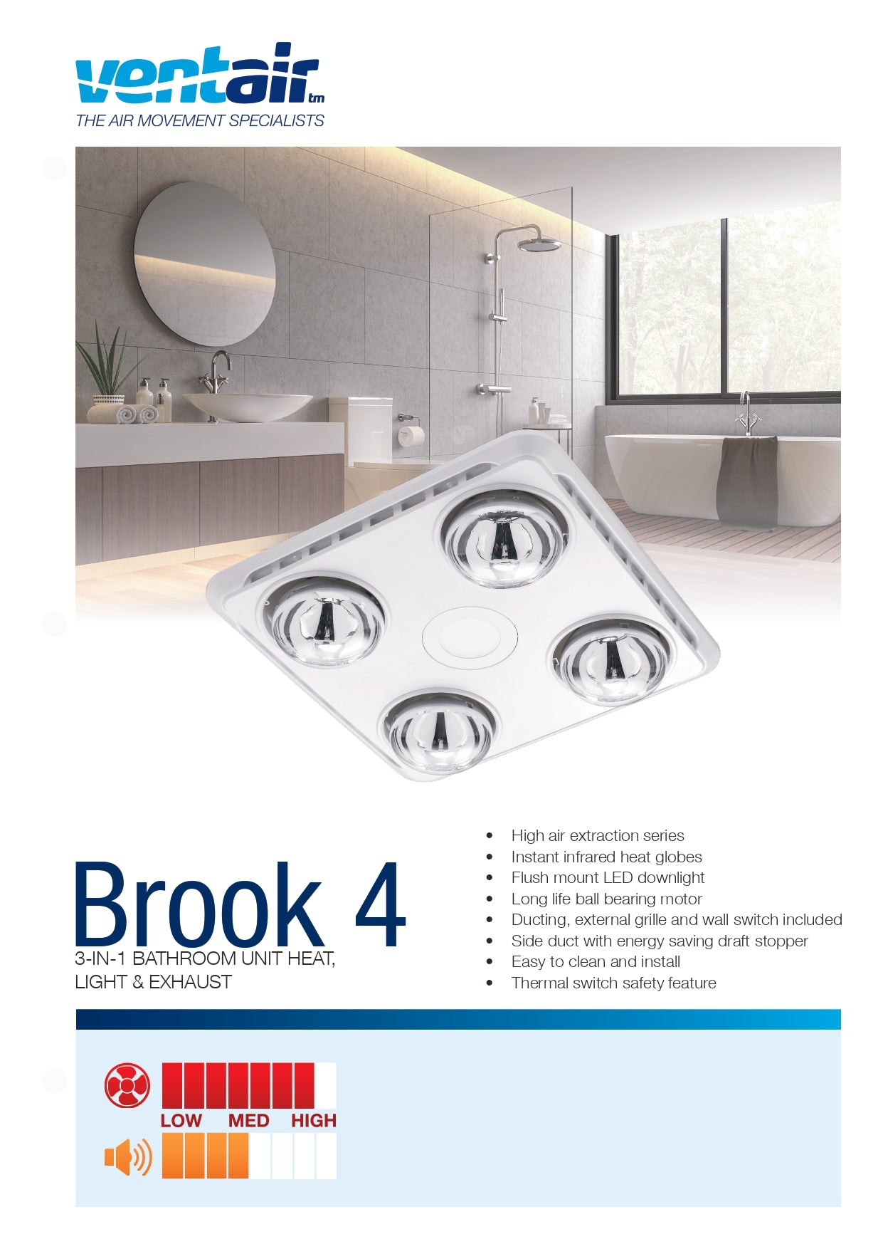 VENTAIR BROOK 4 HIGH EXTRACTION SERIES, 3 IN1 BATHROOM UNIT WITH 4 HEAT GLOBES, LED CENTRE DOWNLIGHT AND POWERFUL EXHAUST FAN WHITE