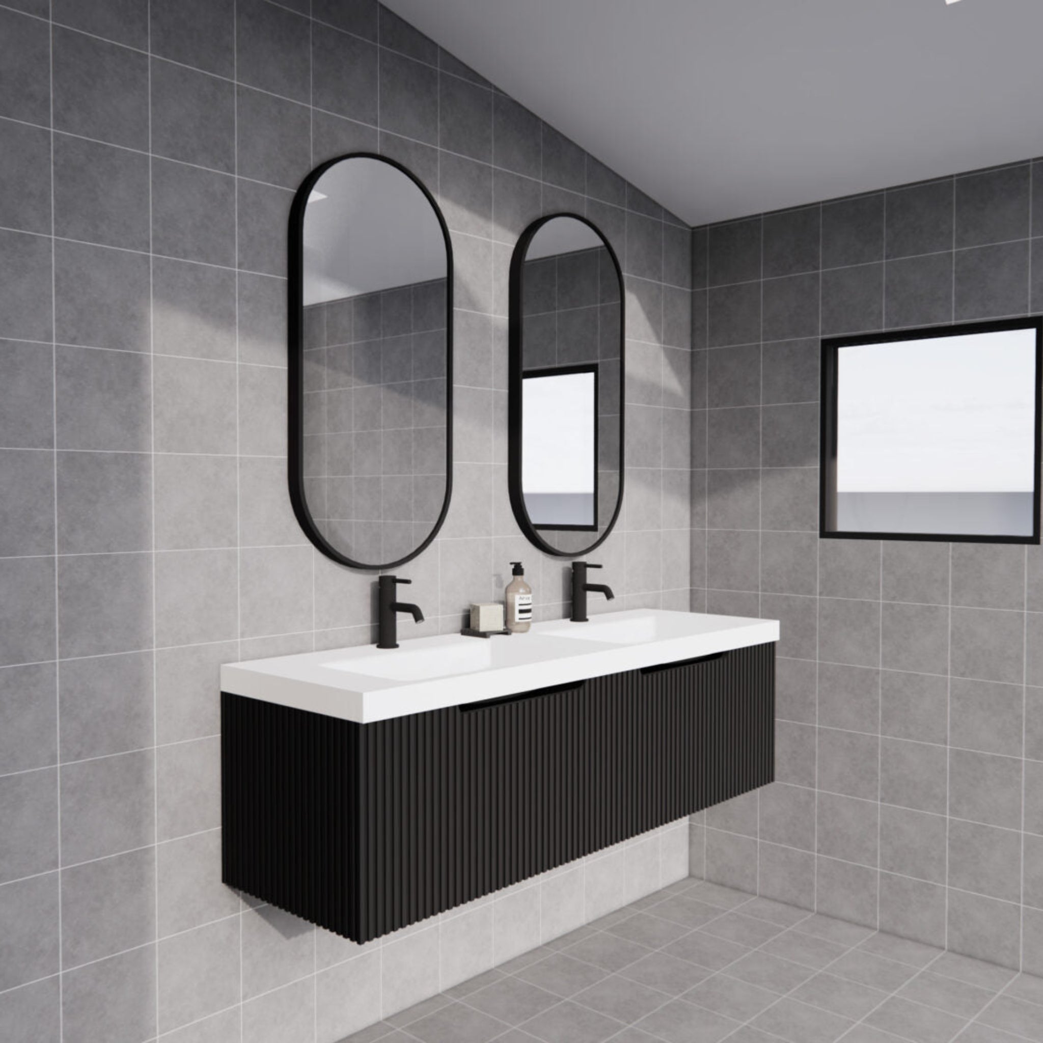RIVA VIENNA MATTE BLACK 1500MM DOUBLE BOWL WALL HUNG VANITY