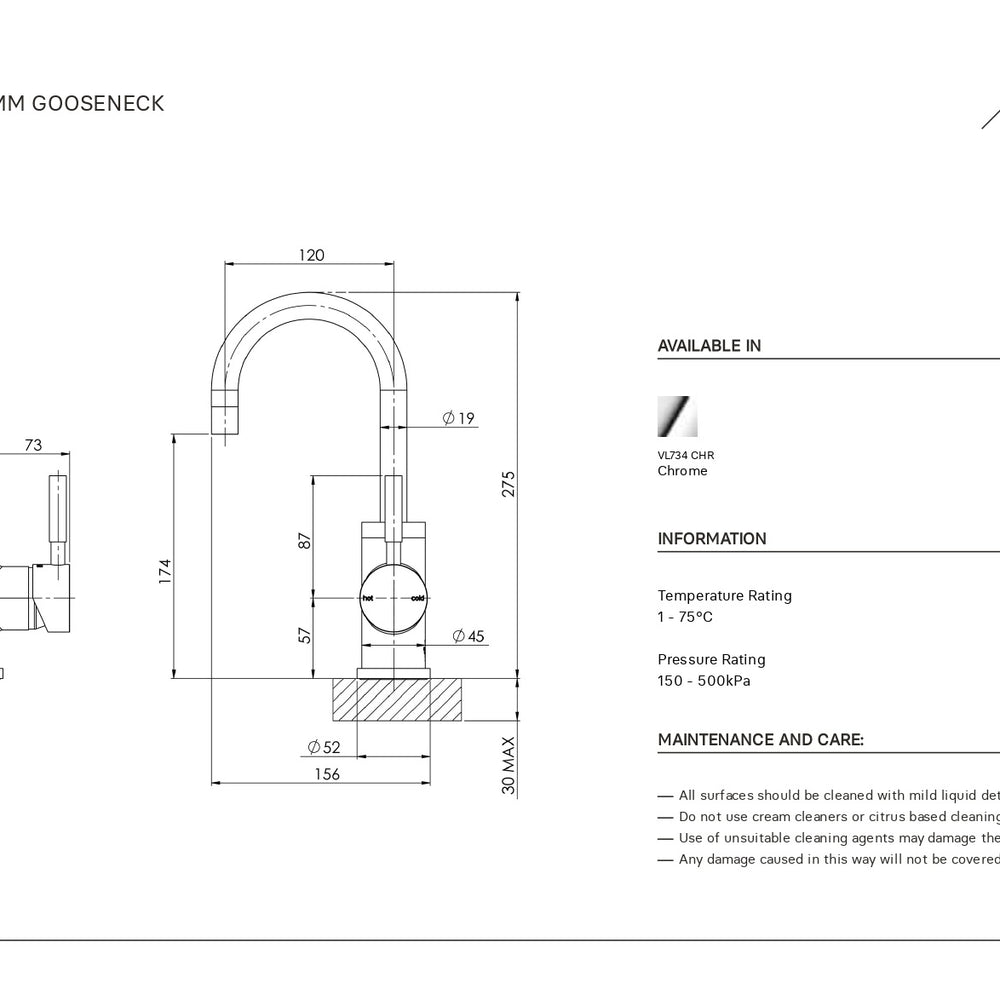 PHOENIX VIVID BASIN MIXER 120MM GOOSENECK CHROME