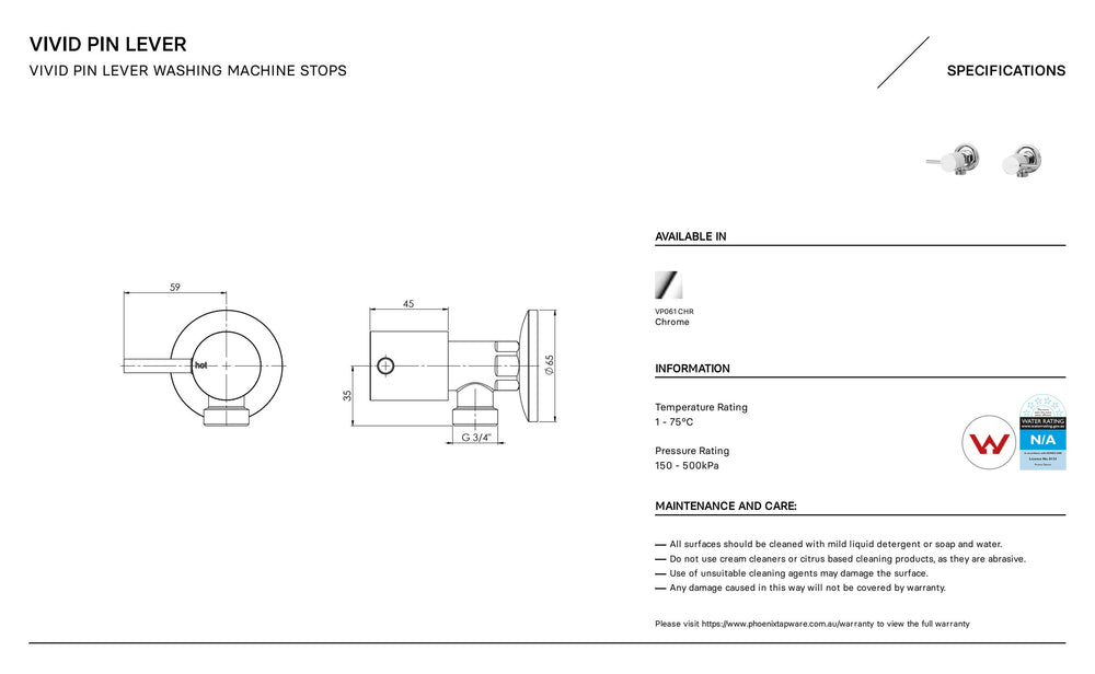 PHOENIX VIVID PIN LEVER WASHING MACHINE STOPS CHROME
