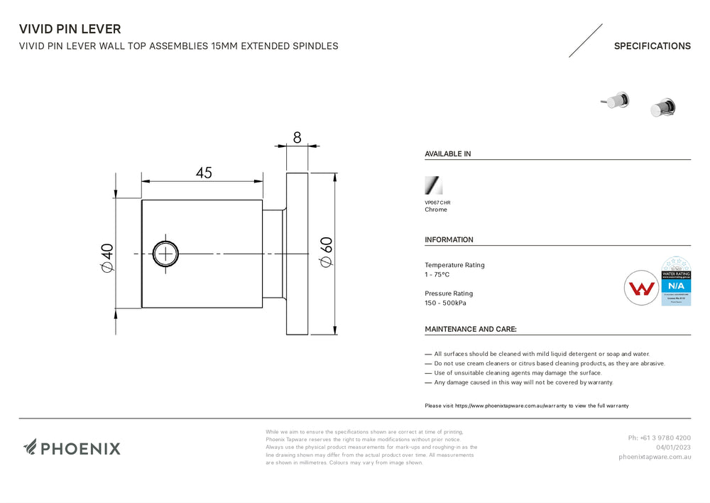 PHOENIX VIVID PIN LEVER WALL TOP ASSEMBLIES EXTENDED SPINDLES CHROME
