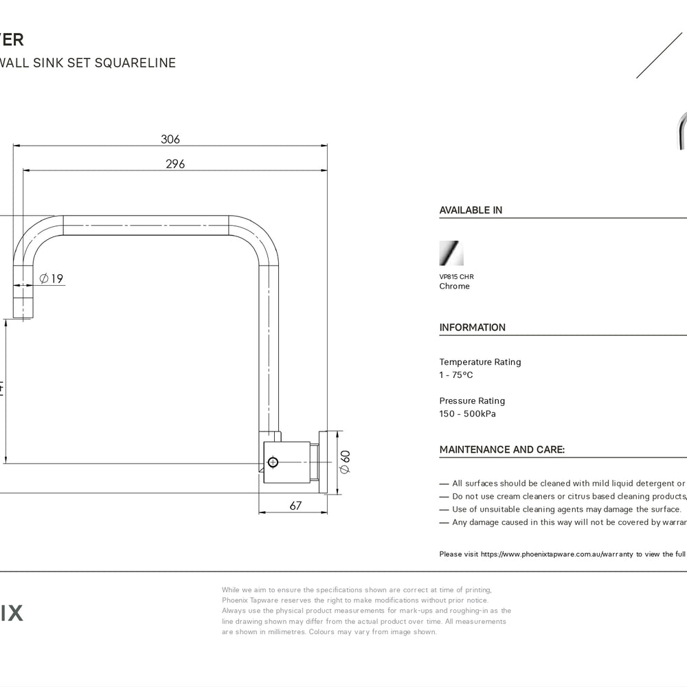 PHOENIX VIVID LEAD FREE PIN LEVER WALL SINK SET SQUARELINE 270MM CHROME