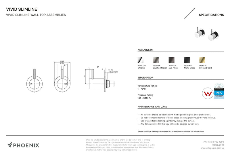 PHOENIX VIVID SLIMLINE WALL TOP ASSEMBLIES CHROME