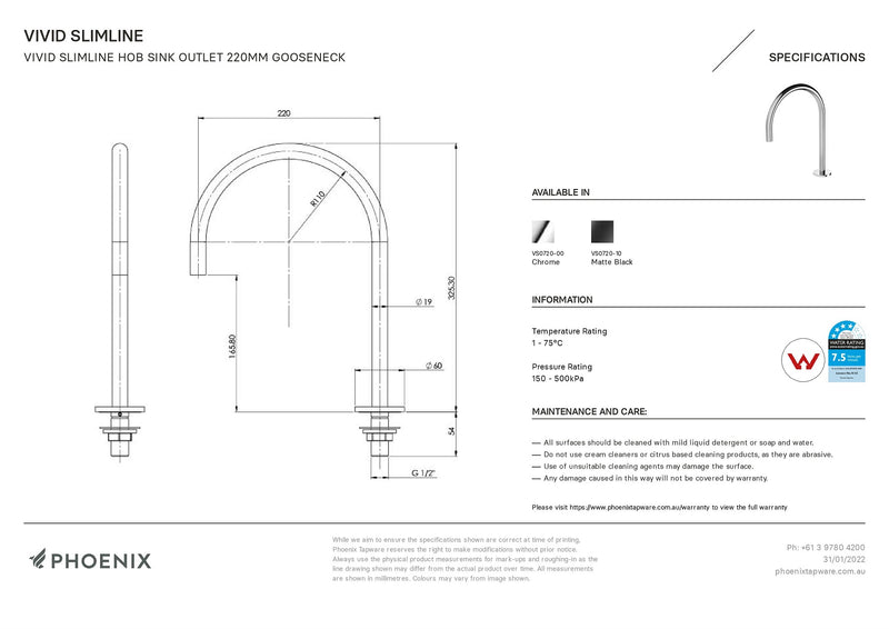 PHOENIX VIVID SLIMLINE HOB SINK OUTLET 220MM GOOSENECK CHROME