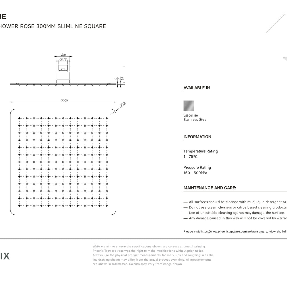 PHOENIX VIVID SLIMLINE SHOWER ROSE SLIMLINE SQUARE 300MM CHROME