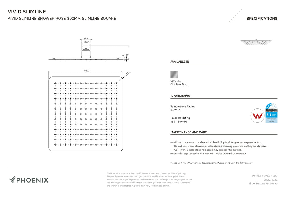 PHOENIX VIVID SLIMLINE SHOWER ROSE SLIMLINE SQUARE 300MM CHROME