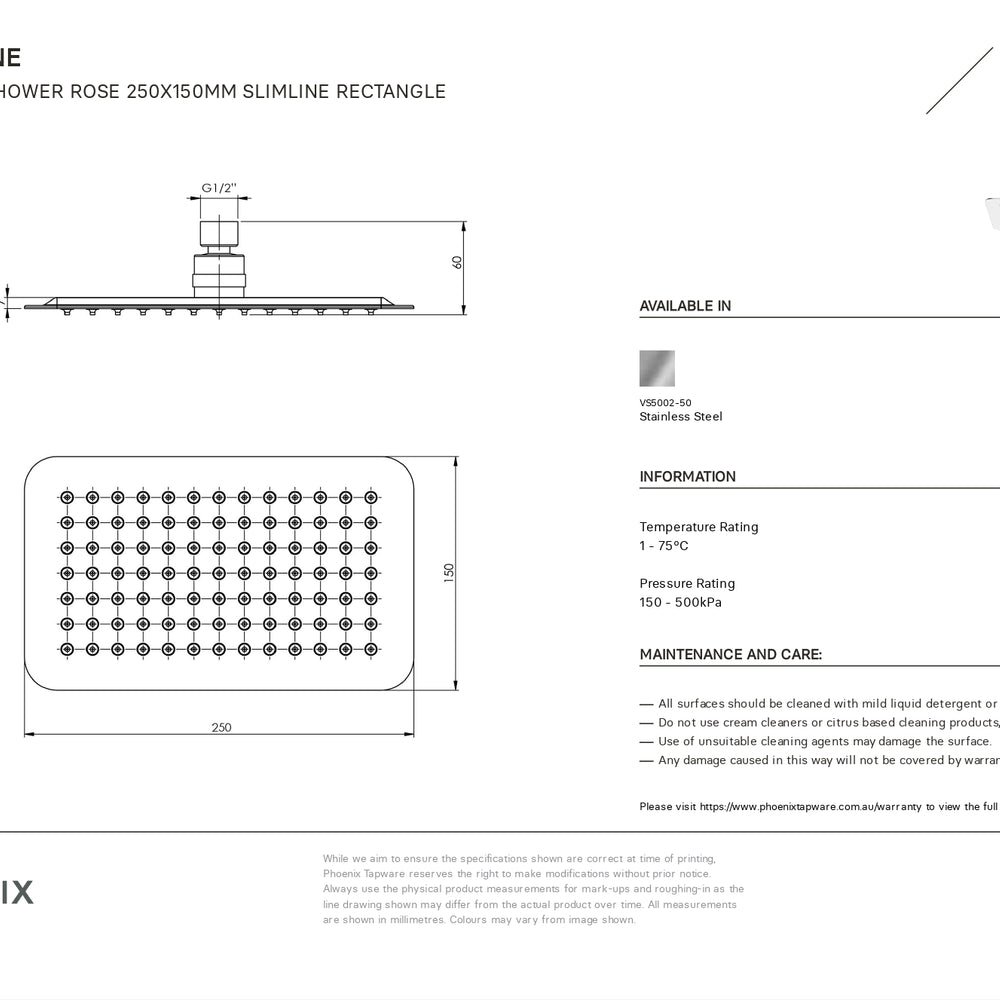 PHOENIX VIVID SLIMLINE SHOWER ROSE  SLIMLINE RECTANGLE CHROME 250MM X 150MM