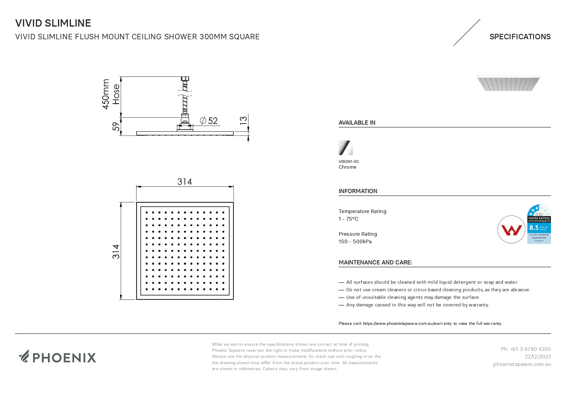 PHOENIX VIVID SLIMLINE FLUSH MOUNT CEILING SHOWER SQUARE 300MM CHROME