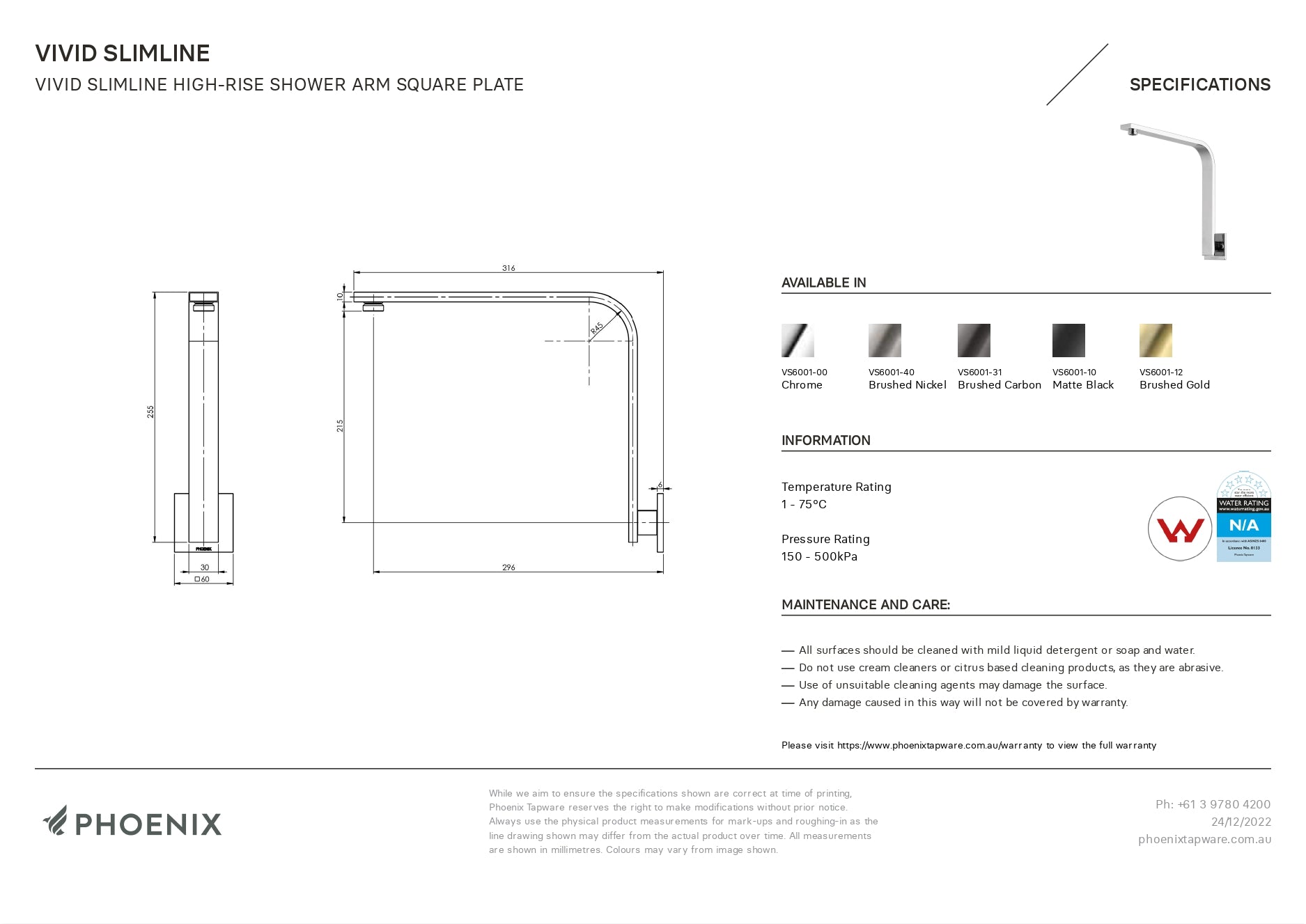 PHOENIX VIVID SLIMLINE HIGH-RISE SHOWER ARM SQUARE PLATE 300MM CHROME
