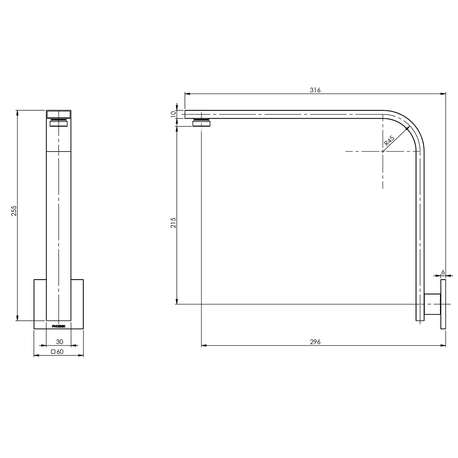 PHOENIX VIVID SLIMLINE HIGH-RISE SHOWER ARM SQUARE PLATE 300MM CHROME