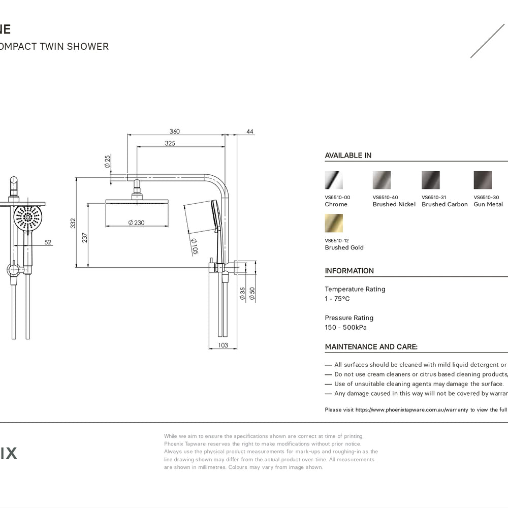 PHOENIX VIVID SLIMLINE COMPACT TWIN SHOWER BRUSHED GOLD