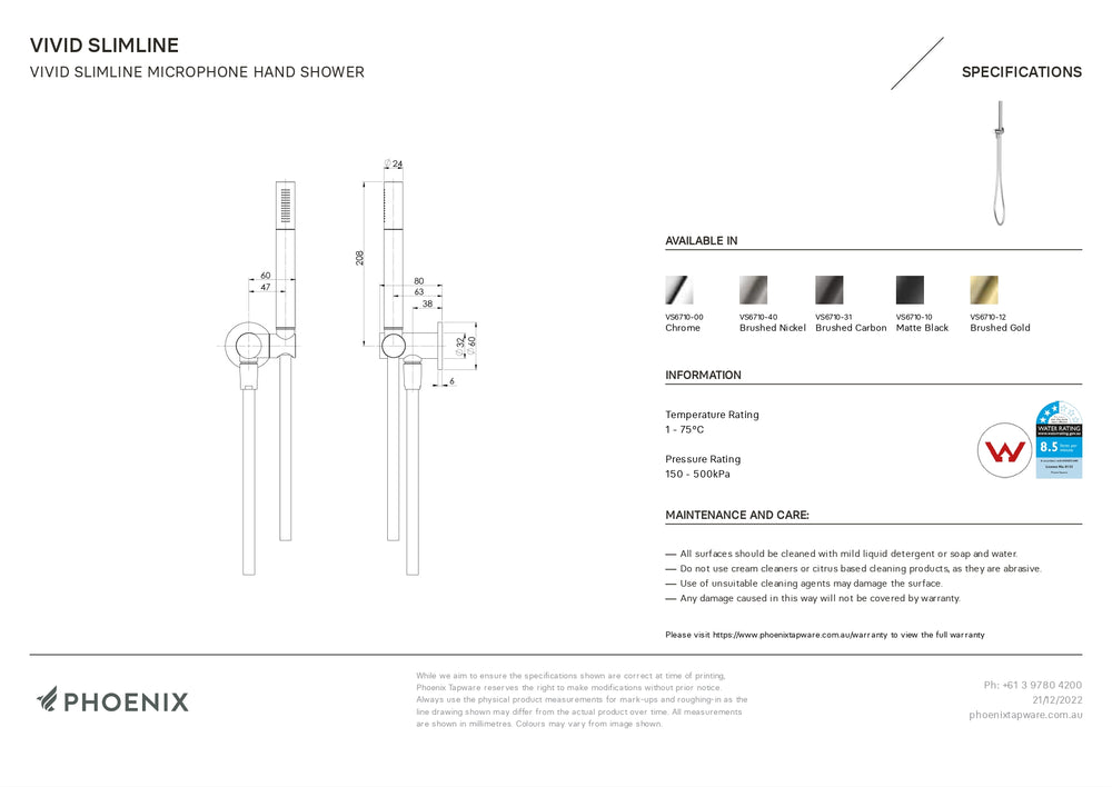 PHOENIX VIVID SLIMLINE MICROPHONE HAND SHOWER MATTE BLACK