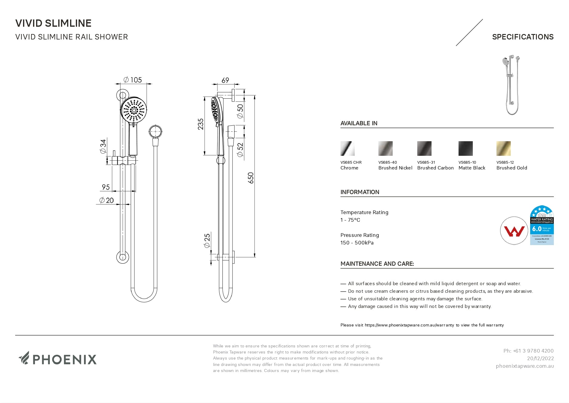PHOENIX VIVID SLIMLINE RAIL SHOWER BRUSHED NICKEL
