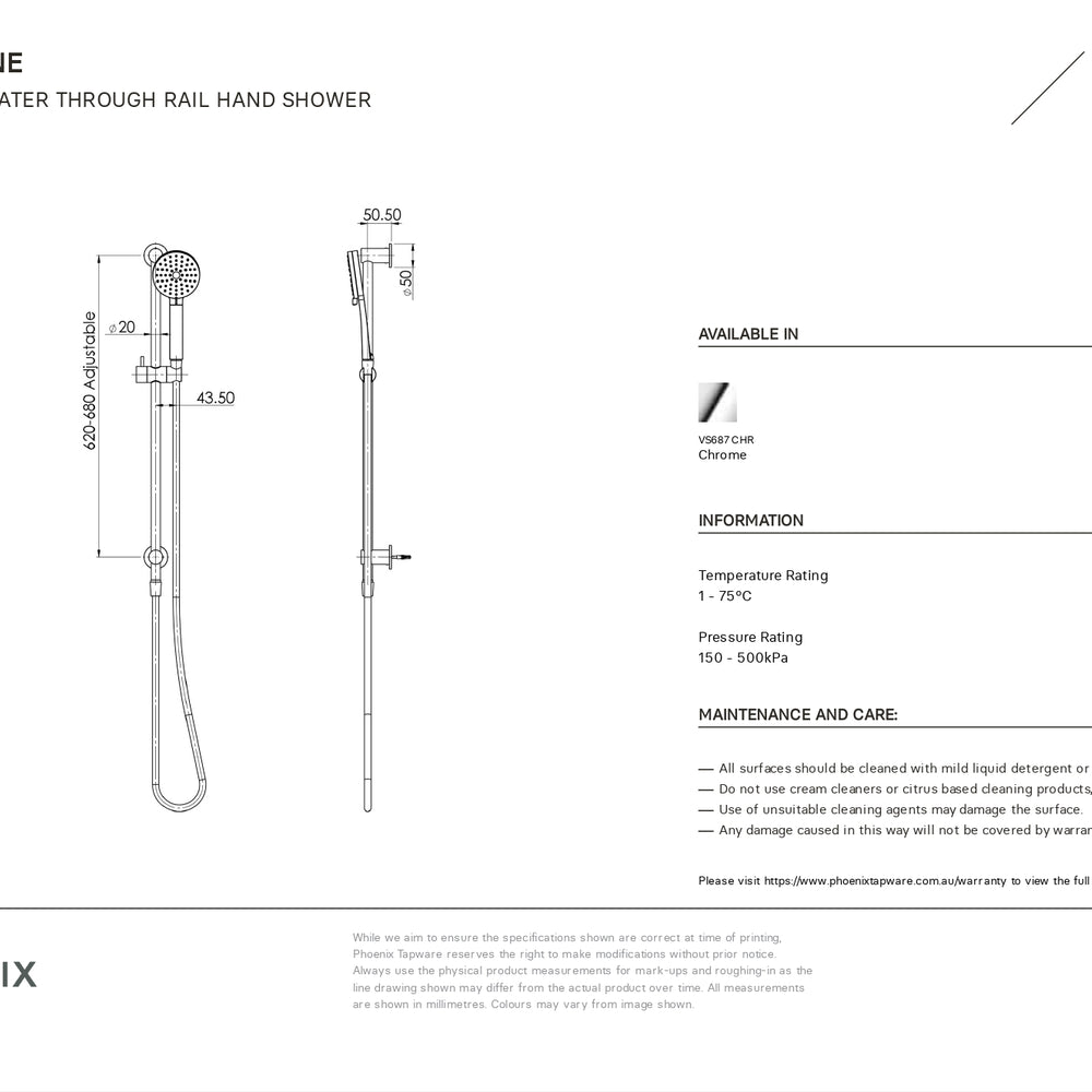 PHOENIX VIVID SLIMLINE WATER THROUGH RAIL SHOWER CHROME