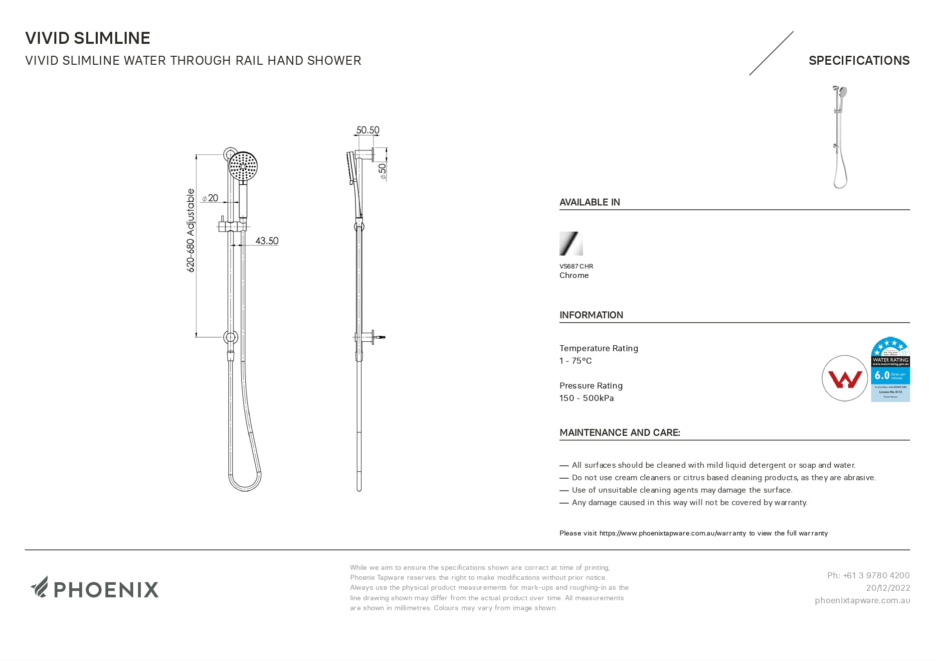 PHOENIX VIVID SLIMLINE WATER THROUGH RAIL SHOWER CHROME