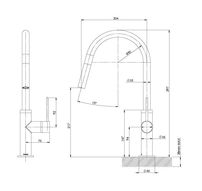 PHOENIX VIVID SLIMLINE PULL OUT SINK MIXER 397MM BRUSHED NICKEL