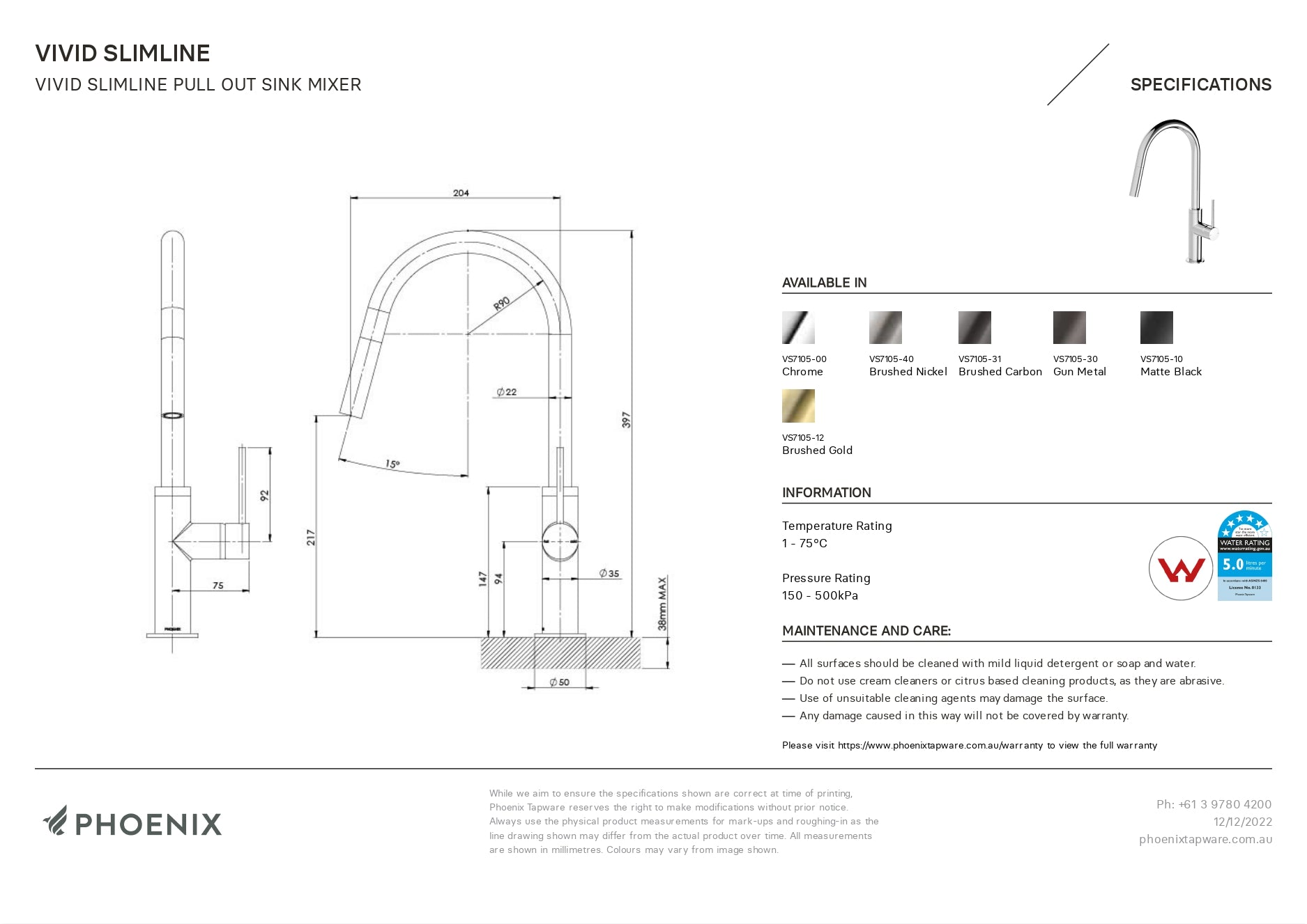 PHOENIX VIVID SLIMLINE LEAD FREE PULL OUT SINK MIXER 397MM CHROME