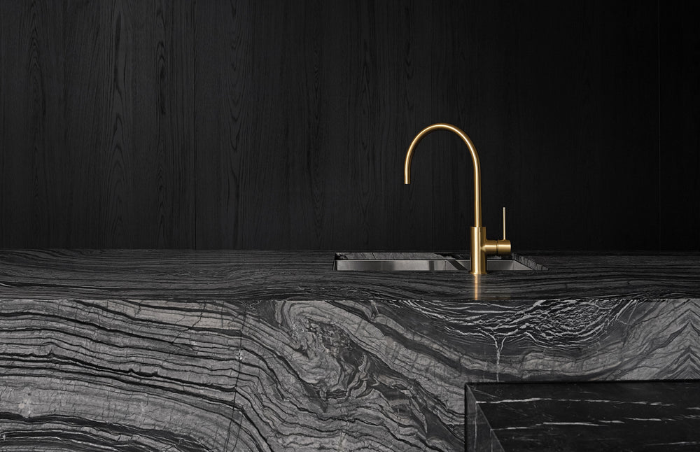 PHOENIX VIVID SLIMLINE GOOSENECK SINK MIXER 220MM BRUSHED GOLD