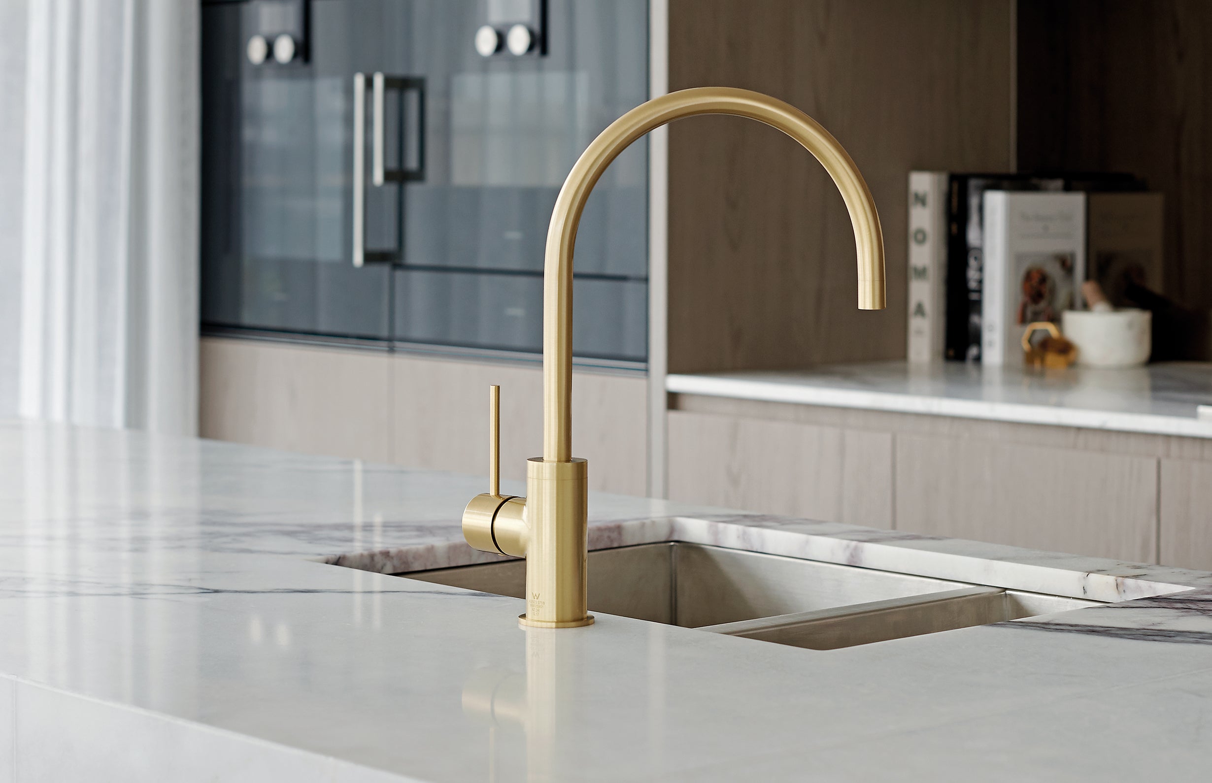 PHOENIX VIVID SLIMLINE GOOSENECK SINK MIXER 220MM BRUSHED GOLD