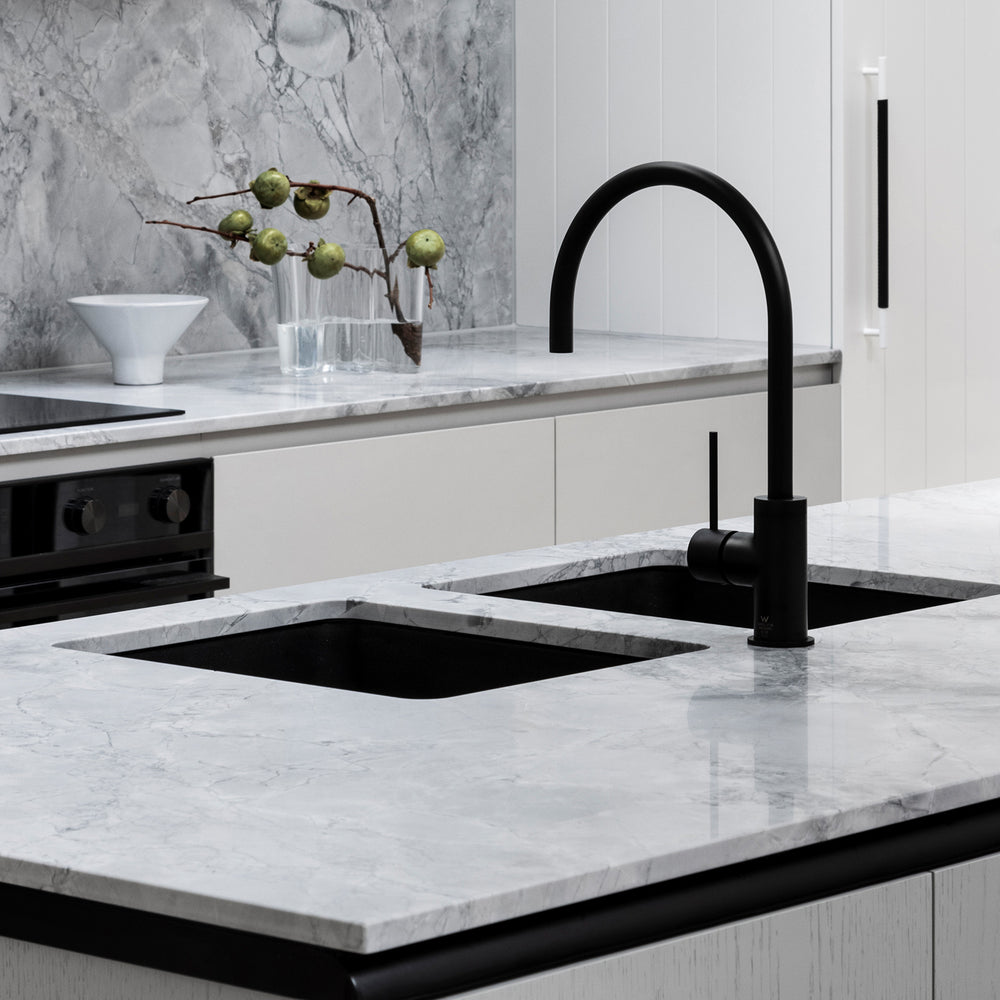 PHOENIX VIVID SLIMLINE GOOSENECK LEAD FREE SINK MIXER 220MM MATTE BLACK