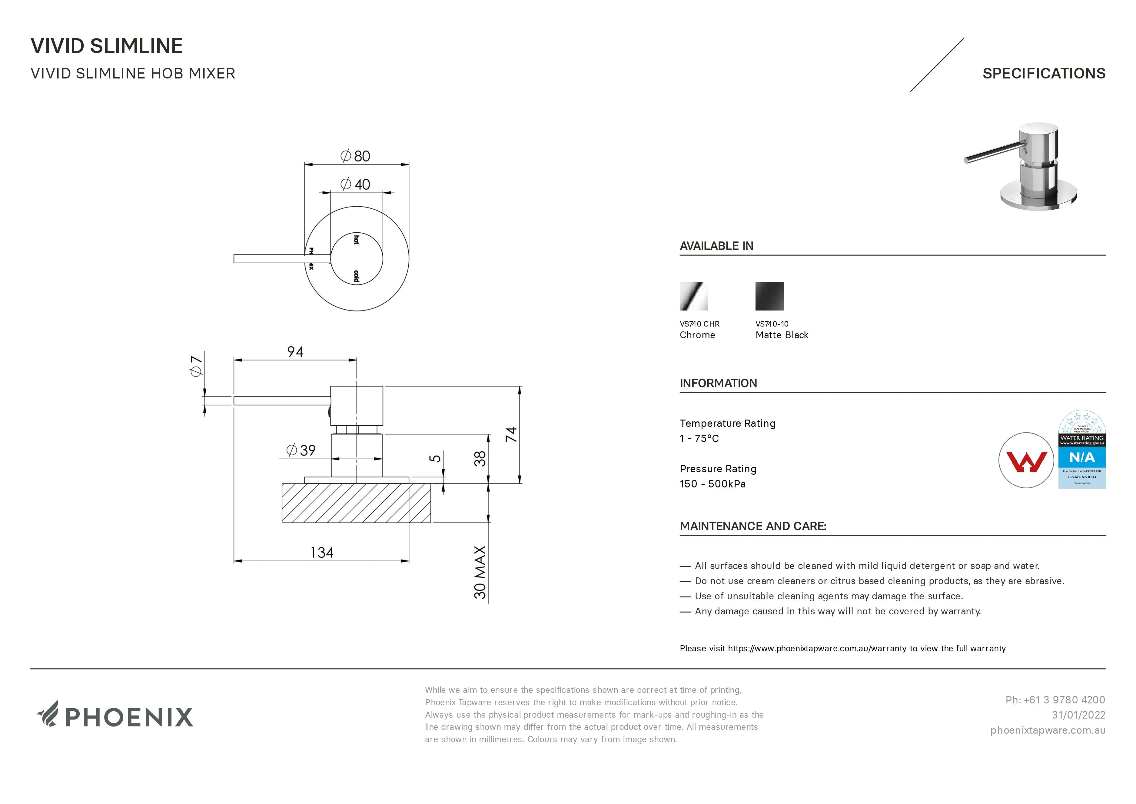 PHOENIX VIVID SLIMLINE HOB MIXER MATTE BLACK