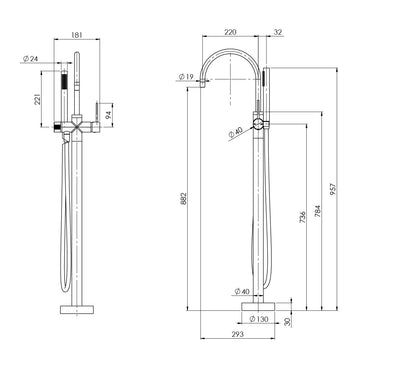 PHOENIX VIVID SLIMLINE FLOOR MOUNTED BATH MIXER WITH HAND SHOWER BRUSHED GOLD