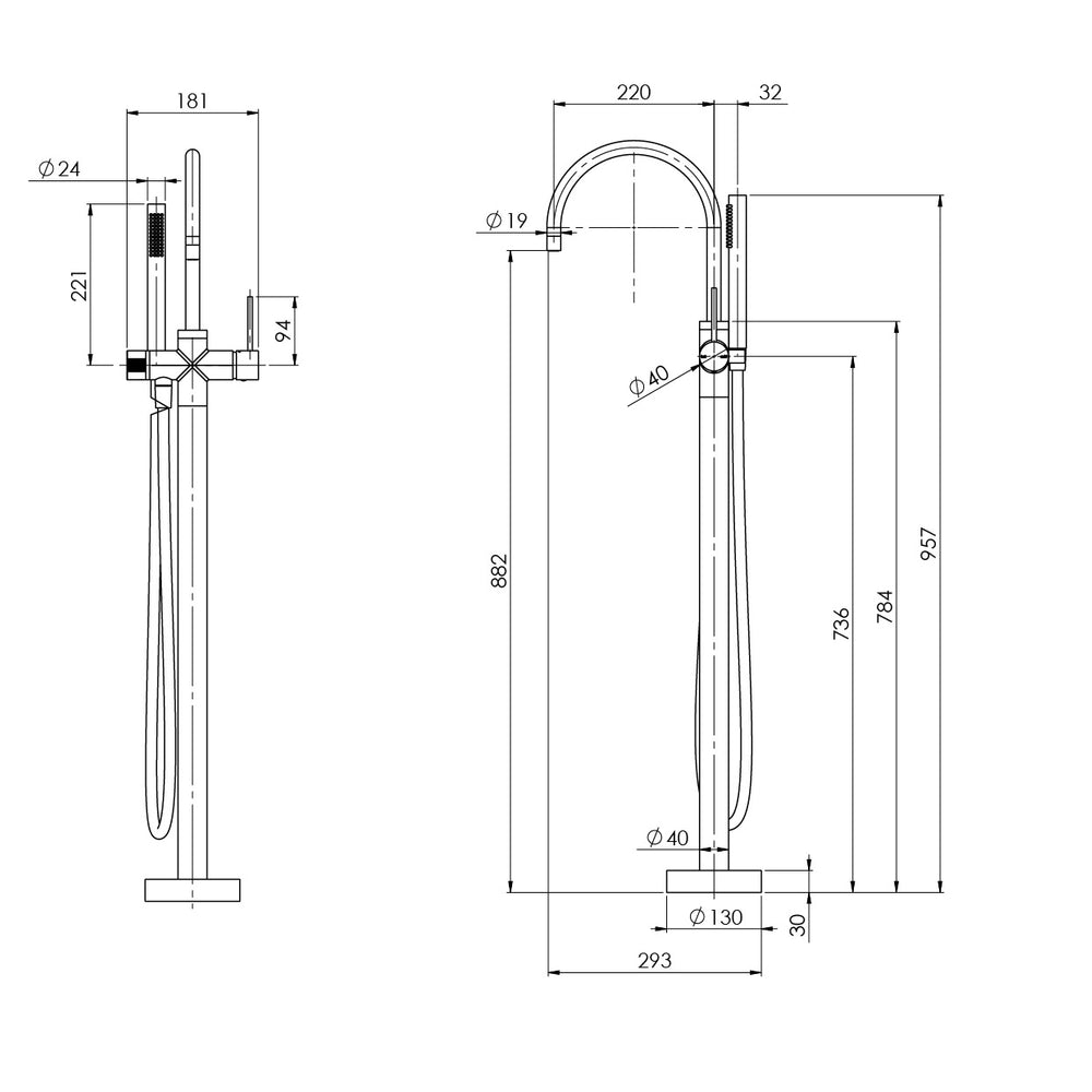 PHOENIX VIVID SLIMLINE FLOOR MOUNTED BATH MIXER WITH HAND SHOWER 957MM MATTE BLACK