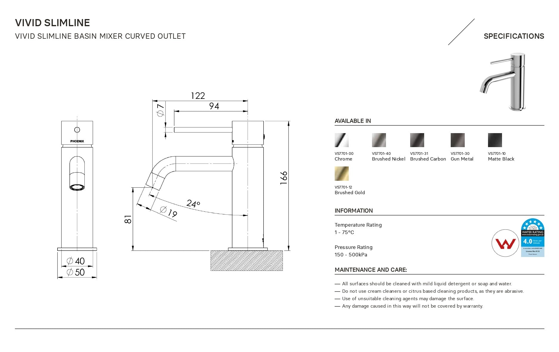 PHOENIX VIVID SLIMLINE BASIN MIXER OUTLET 166MM MATTE BLACK