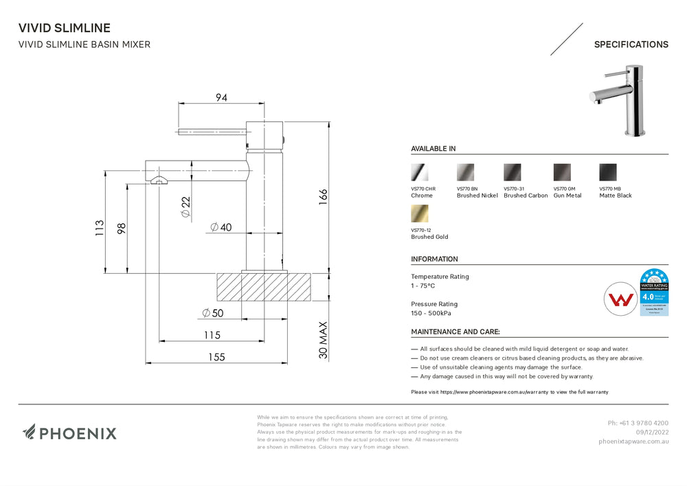 PHOENIX VIVID SLIMLINE BASIN MIXER 166MM BRUSHED GOLD