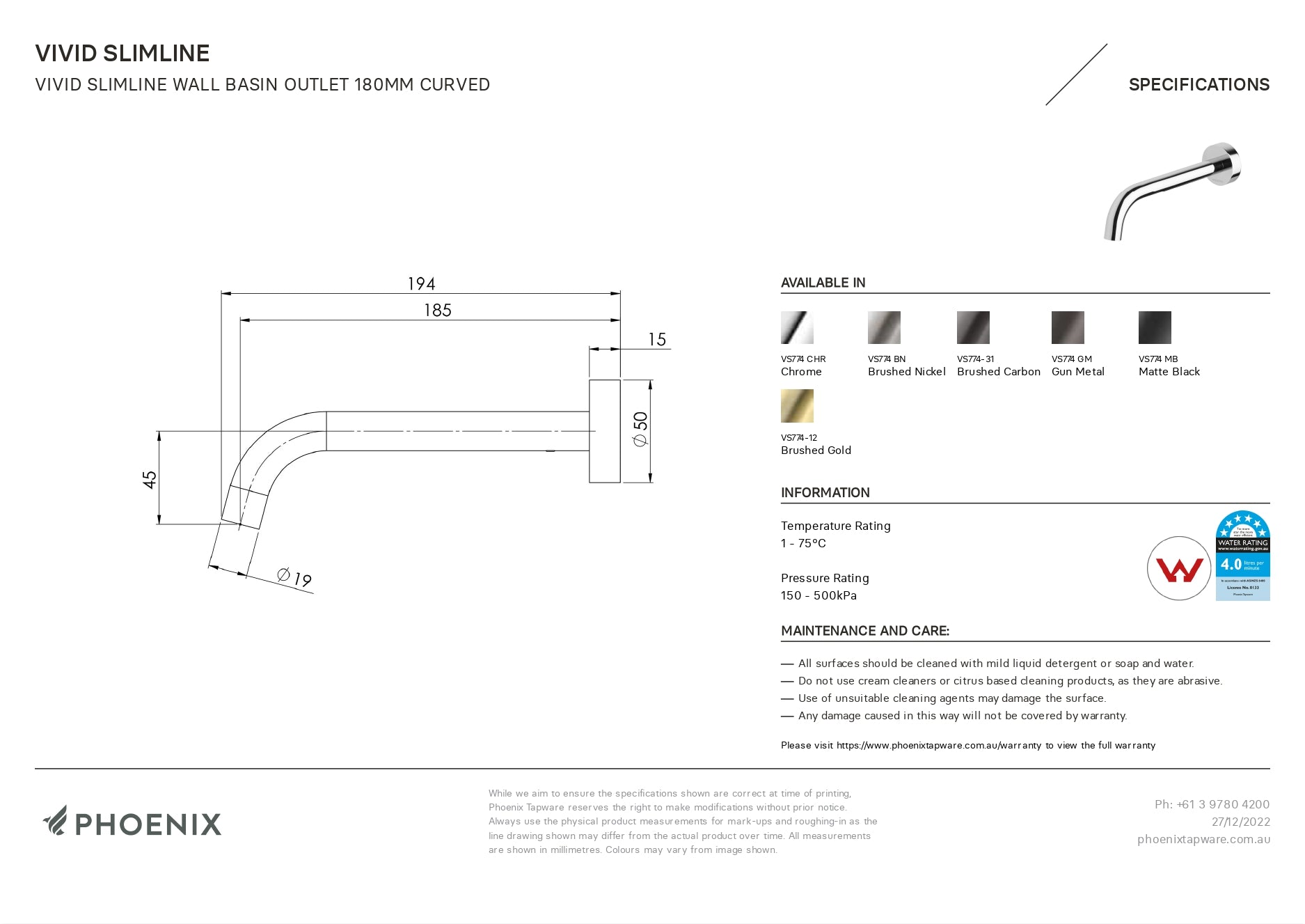 PHOENIX VIVID SLIMLINE WALL BASIN OUTLET 185MM CHROME