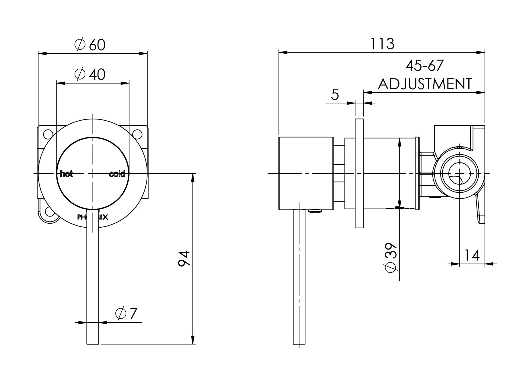 PHOENIX VIVID SLIMLINE SHOWER WALL MIXER 60MM BACKPLATE CHROME