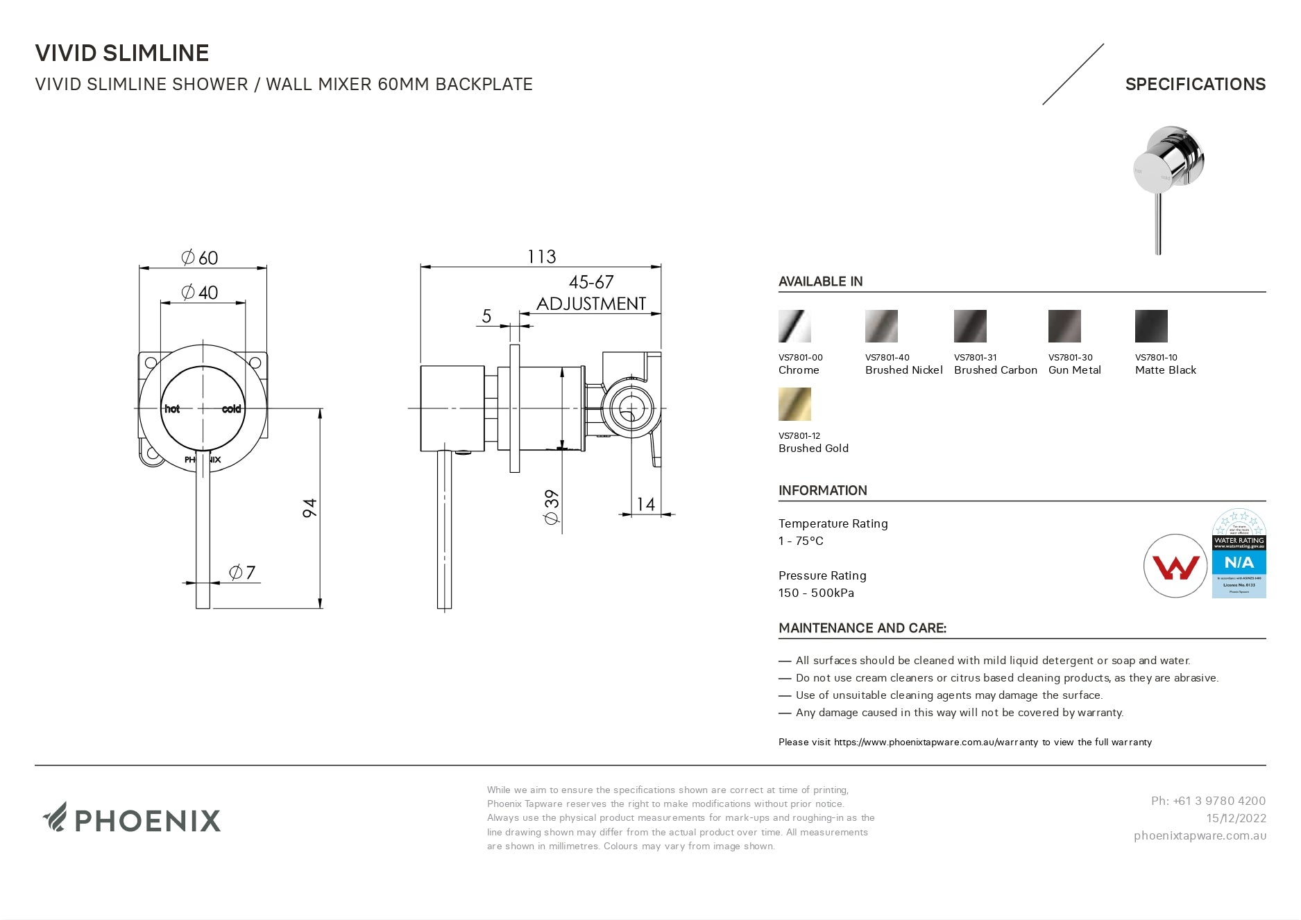 PHOENIX VIVID SLIMLINE SHOWER WALL MIXER 60MM BACKPLATE BRUSHED GOLD