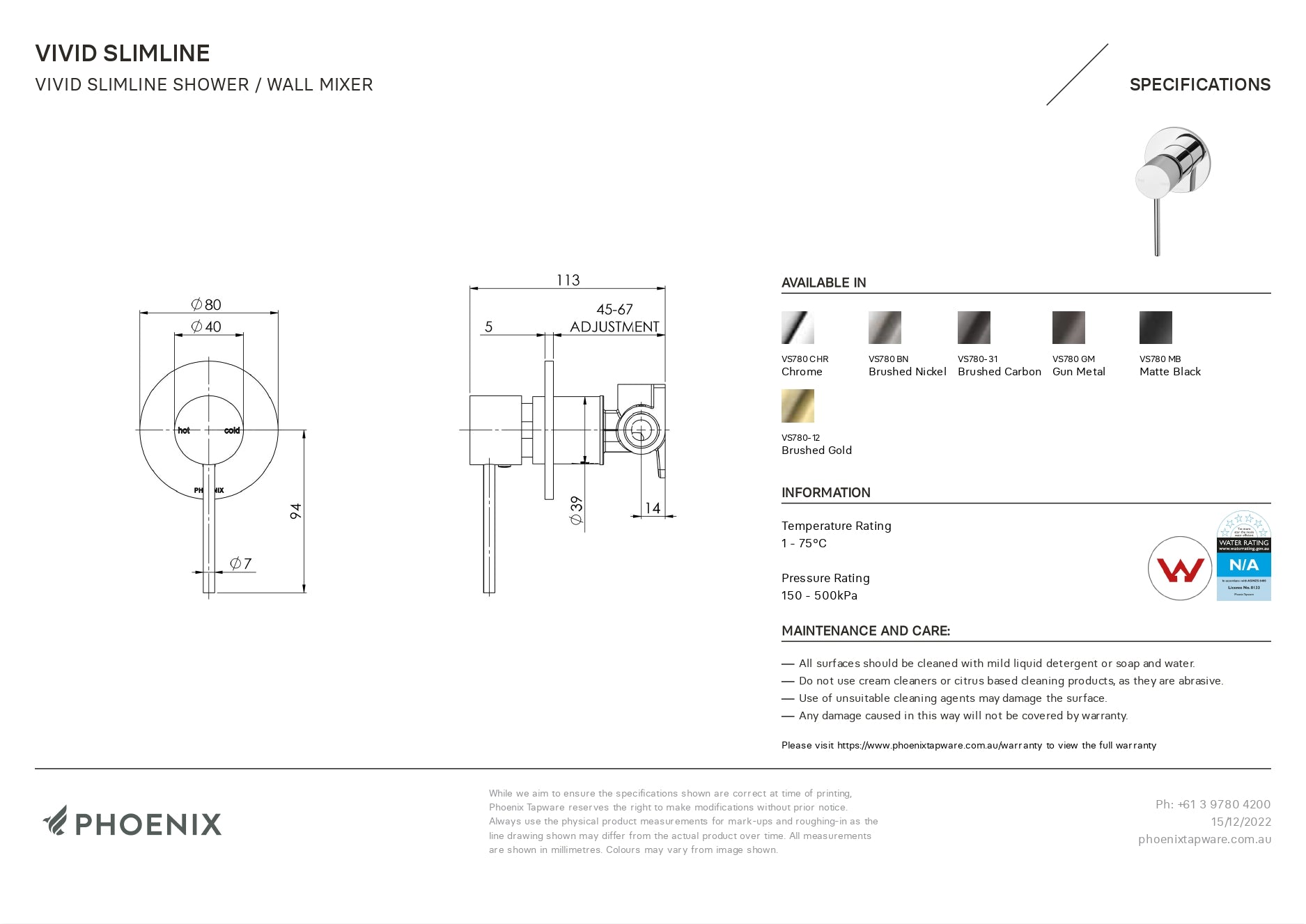 PHOENIX VIVID SLIMLINE SHOWER WALL MIXER MATTE BLACK