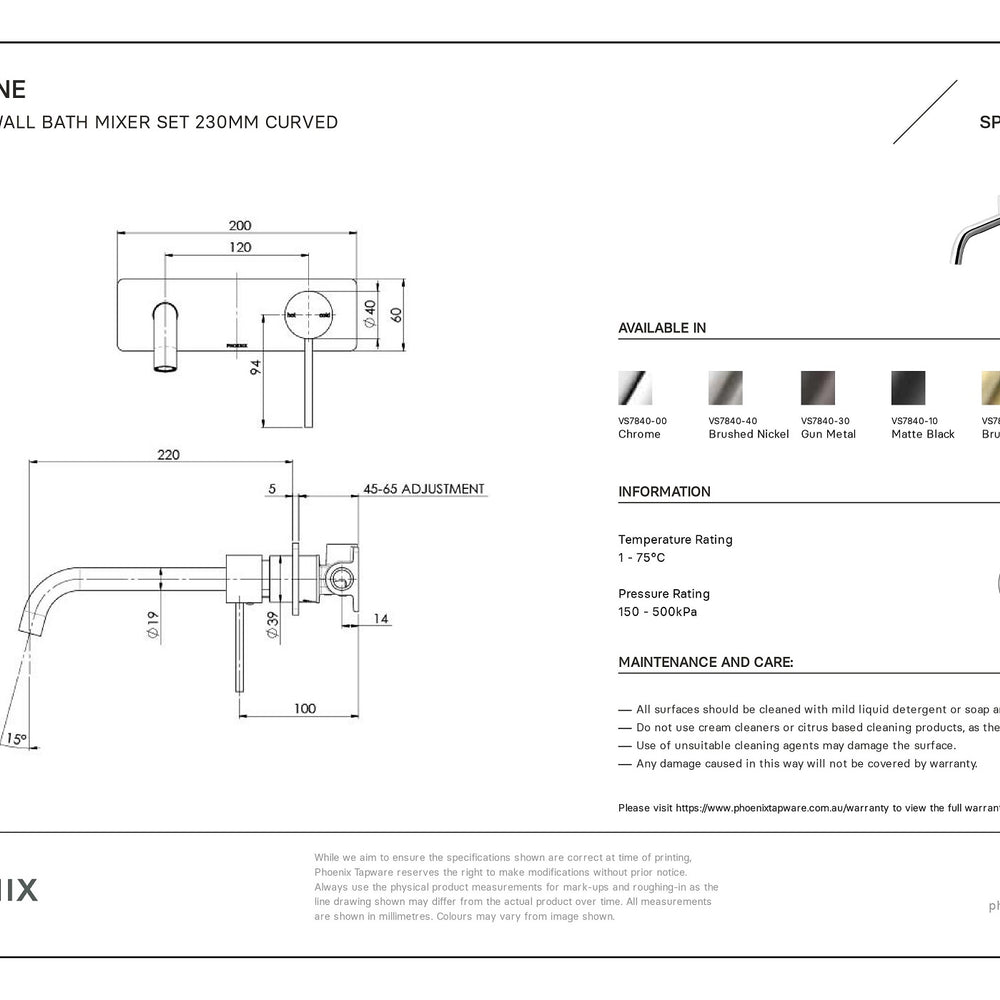 PHOENIX VIVID SLIMLINE WALL BATH MIXER SET 230MM CHROME