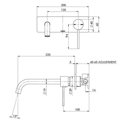PHOENIX VIVID SLIMLINE WALL BATH MIXER SET 230MM BRUSHED NICKEL