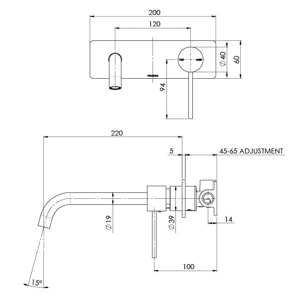 PHOENIX VIVID SLIMLINE WALL BATH MIXER SET 230MM CURVED BRUSHED NICKEL